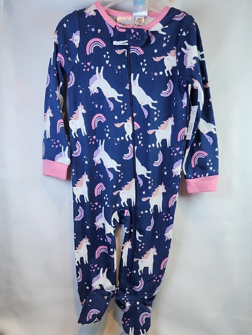 Kidgets Navy Unicorn Footed One-Piece Unicorn Pajamas with Pink Trim